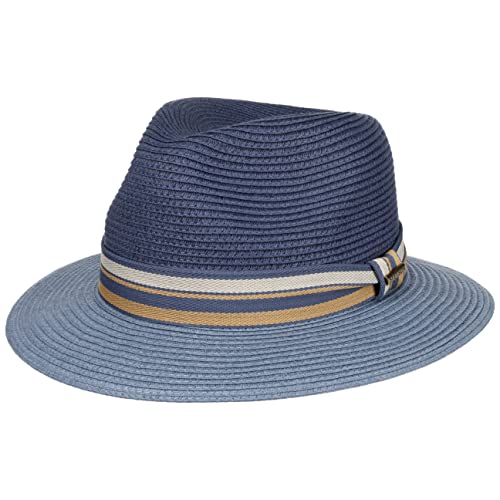 Stetson Romaro Toyo Traveller Strohhut Herren - Sommerhut aus Viskose - UV-Schutz 40+ - Breite Krempe - Mit gestreifter Ripsbandgarnitur - Sonnenhut - Männerhut - Frühjahr/Sommer blau M (56-57 cm)