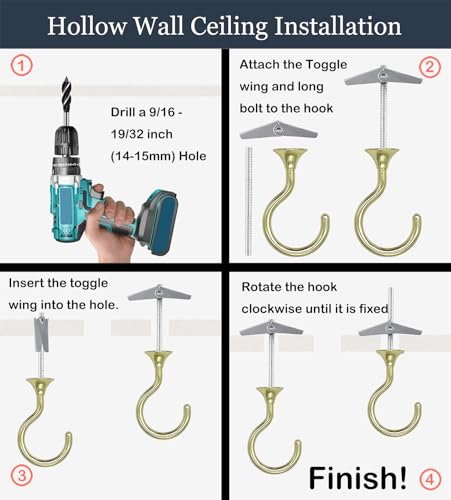 Image of Heavy Duty Ceiling Hooks for Hanging Plants 2 Pack (Gold) | Holds 30 lbs on wood & concrete, 20 lbs on drywall; 2.4 inch zinc alloy swag hook for chandeliers, macrame & wind chimes
