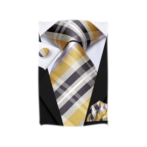 Image of Hi-Tie Mens Plaid Ties Classic Paisley Necktie with Handkerchief Cufflinks Set Business Stripe Tie