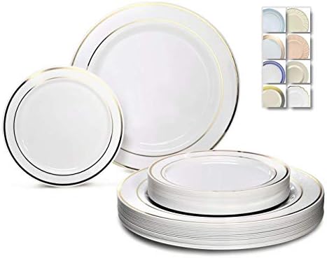 " OCCASIONS " 120 Plates Pack,(60 Guests) Heavyweight Premium Wedding Party Disposable Plastic Plates Set -60 x 10.5'' Dinner + 60 x 7.5'' Salad/Dessert (White & Gold Rim)