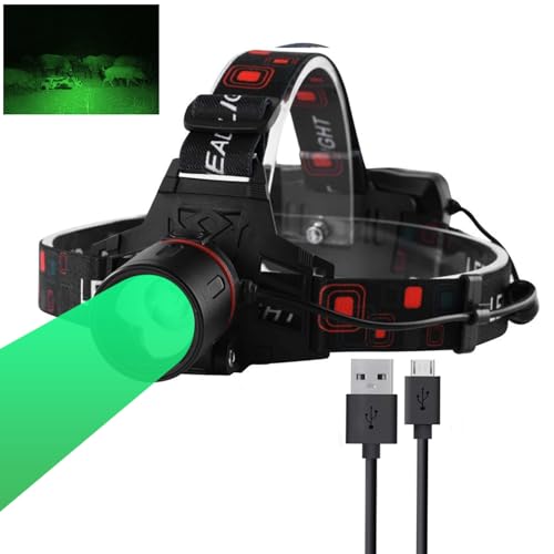 GRACETOP Green LED Headlamp Rechargeable, Greenlight Zoomable Green LED Flashlight, Hands-Free Headlight Torch Lamp for Hunting Hiking Camping Fishing Reading Running