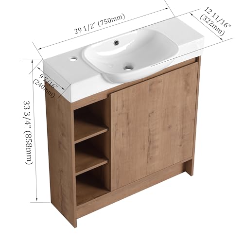Image of 30 inch Freestanding Bathroom Vanity with Integrated Ceramic Sink, Floor Mount Bathroom Cabinet with 3 Open Shelves & Soft Close Door, Modern Small Bath Vanity Set, Easy to Clean, Natural Oak