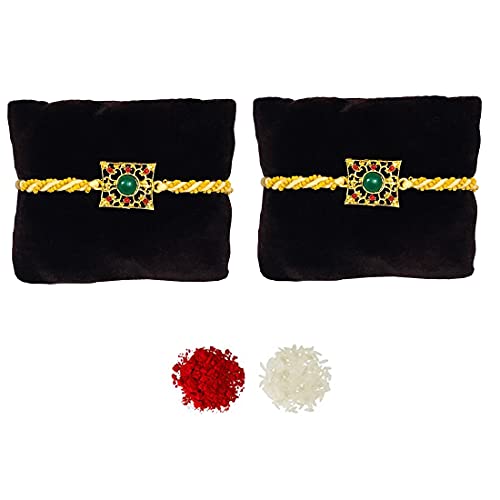 Image of 2 Pcs Chandan Dori Golden Bracelet Rakhi For Brother | Rakhi Combo-190-Two | Red Wristband