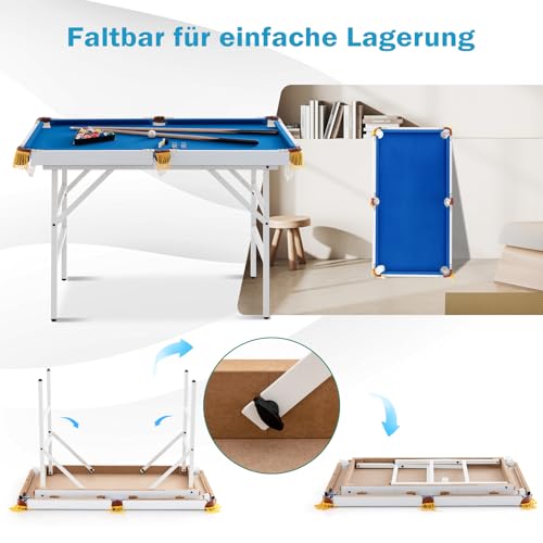 GOPLUS klappbarer Billardtisch, Billiard Tisch mit Zubehör, Snookertisch mit 16 Kugeln, 2 Queues, 2 Kreide, Bürste und Dreieck, Tischspiel für Kinder & Erwachsene, 122 x 64 x 78 cm (Blau)
