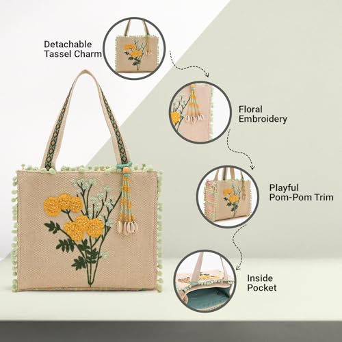 Image of Boho Girl Marigold Mini Tote Bag | Floral Embroidered Hand Bag with Pom-Poms & Tassel |Handbag, Shoulder Bag, Shoulder Women Bag with Inside Pocket | Jacquard Canvas Material