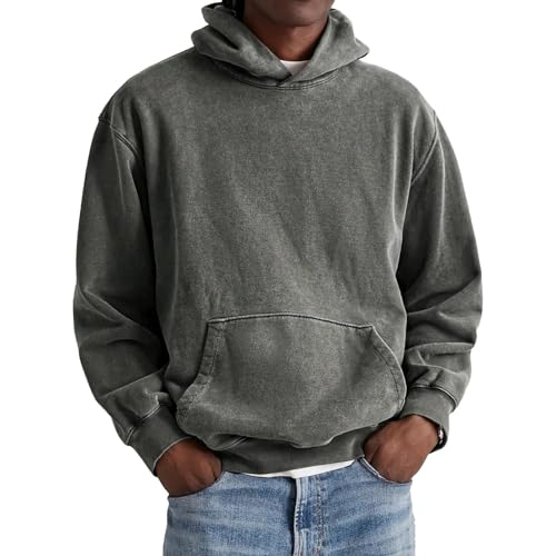 Mens Hoodie Acid Washed Long Sleeve Oversized Hoodies Vintage Distressed Hooded Pullover Sweatshirts Streetwear
