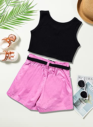 Blibean Girl Summer Clothes Set Tween Kids Matching Outfits Slim Sleeveless Solid Tops Clothing Belt Cargo Pants Size 4-5 Small Pink #TOP3