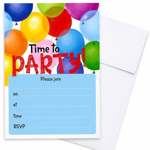 YLAB - 20 Party Invitations & White Envelopes Time To PARTY Birthday & Engagement Invites Colourful Balloon Design Kids Teens & Adults Party Invitations