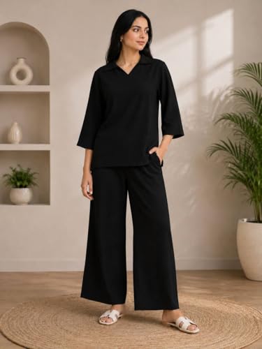 Image of Women's Co Ord Set for Women - Relaxed Fit Collared Top with 3 /4 Sleeves & Wide Leg Palazzo Pants, Casual Lounge Wear Matching Outfit for Daily Wear, Travel & Office