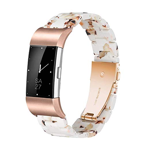 Ayeger Resin Band Compatible with Fitbit Charge 2/2 HR,Women Men Resin Accessory Rose Gold Buckle Band Wristband Strap Blacelet for Fitbit Charge 2/2 HR Smart Watch Fitness(Nougat White)