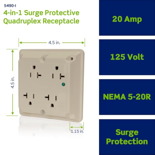 Image of Surge Protective 4-in-1 Receptacle with Indicator Light, 20 Amp, 125 Volt, Heavy-Duty Industrial Specification Grade, Straight Blade Quadruplex Outlet, Grounding, Ivory, Leviton 5490-I