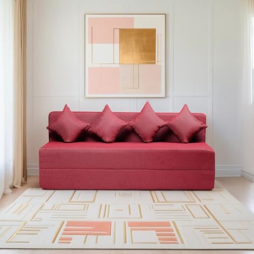 Image of Amazon Brand - Solimo 4 Seater 6 * 6 Jute Fabric Washable Cover Sofa Cum Bed with 4 Cushions 4 Seater Double Foam Fold Out Sofa Cum Bed (Finish Color - Maroon Delivery Condition - Pre-Assembled)