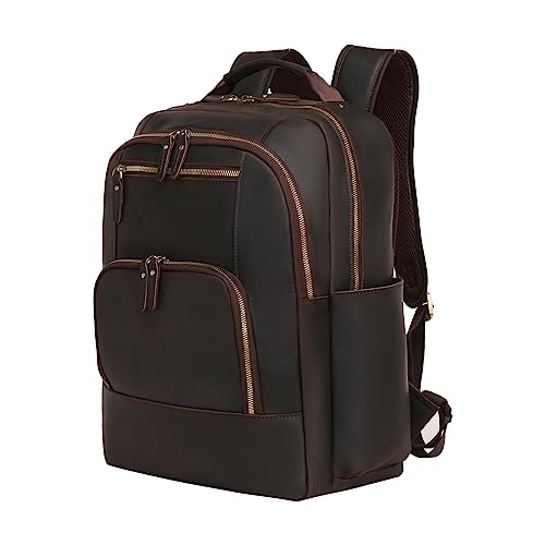 Men's Leather Backpack 17.3 Inch Laptop Backpack Genuine Leather Casual Travel Daypack Hiking Travel Bag Camping Rucksack