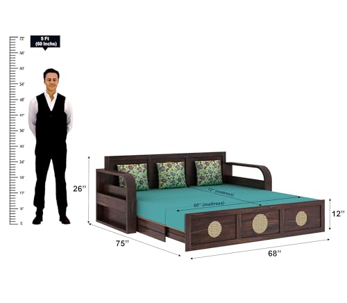 Image of Ganpati Arts Solid Sheesham Wood Cosmos 3 Seater Sofa Cum Bed with Headboard Design for Living Room Wooden Furniture Sofa Bed for Home - Walnut Finish 3 Year Warranty