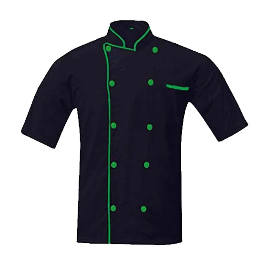 Men's And Women's Black Chef Coat Contrast Piping,PolyCotton,Size (S-6XL) (GREEN PIPING, Large)