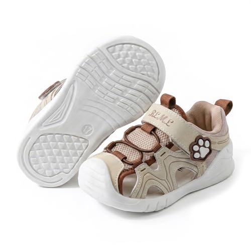 TootyTots Lauflernschuhe & Sandalen für Kleinkinder Geschlossene Jungen Mädchen Sommerschuhe Weich & Bequem Zehenschutz Klettverschluss Leichte Wasserschuhe für Strand Outdoor (23 K112-Khaki)