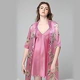 Sexy Nachthemd Für Damen,2 Pcs Satin Nachtwäsche Rayon Rose Pink Print Casual Nachthemd Kimono Nachthemden Casual Camisole Babydoll Bademantel Für In Flitterwochen Home Clothing, XL