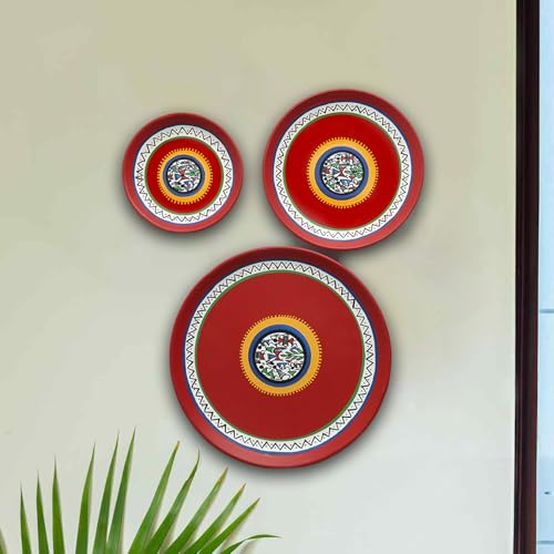 Image of ExclusiveLane 'The Warli Tales' Terracotta Wall Plates for Home Decoation (Set of 3, Multicolor, Hand-painted) | Terracotta Plates for Wall Decor Plates Sets Decorative Wall Plates for Living Room