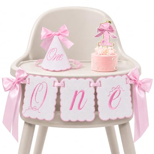 Image of 3Pcs Pink Bow First Birthday Decorations Highchair Banner for Girl,1st Birthday High Chair Garland,Cake Topper & Hat for One Year Old Birthdays Party Decoration,Baby Shower,Princess Fairy Photo Props