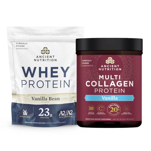 Ancient Nutrition Grass-fed Whey Protein Powder, Vanilla Bean, 35 Servings + Multi Collagen Protein Peptides Powder, Vanilla, 60 Servings - image 1