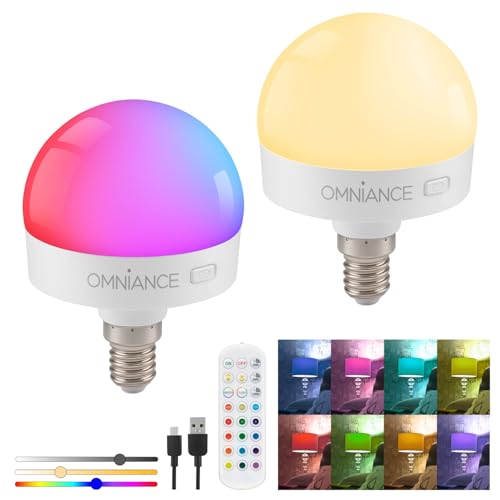 Auraglow Rechargeable Wireless LED Light Bulb with Remote – Battery-Powered, Dimmable, Colour-Changing, E14 Adaptor (2 Pack)