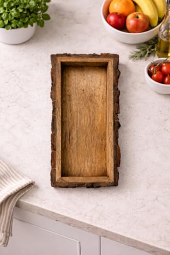 Image of Rustic Wooden Serving Tray with Natural Bark Edges | Handmade Solid Wood Tray | Multipurpose Snack, Tea & Decor Tray | Natural Brown Finish