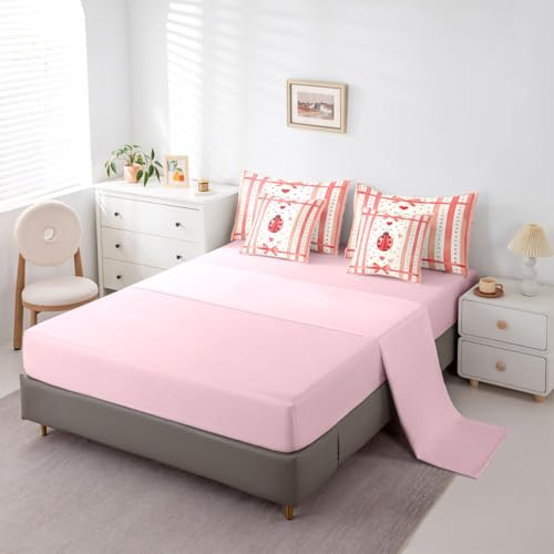 Image of Cute Ladybug Comforter Set 7 Pcs Polka Dots Heart Graffiti Girly Bedding Sets Watercolor Pink Stripes Bowknot Bed in a Bag with Comforter Flat Sheet Fitted Sheet 2 Pillowcases 2 Pillow Covers,Full