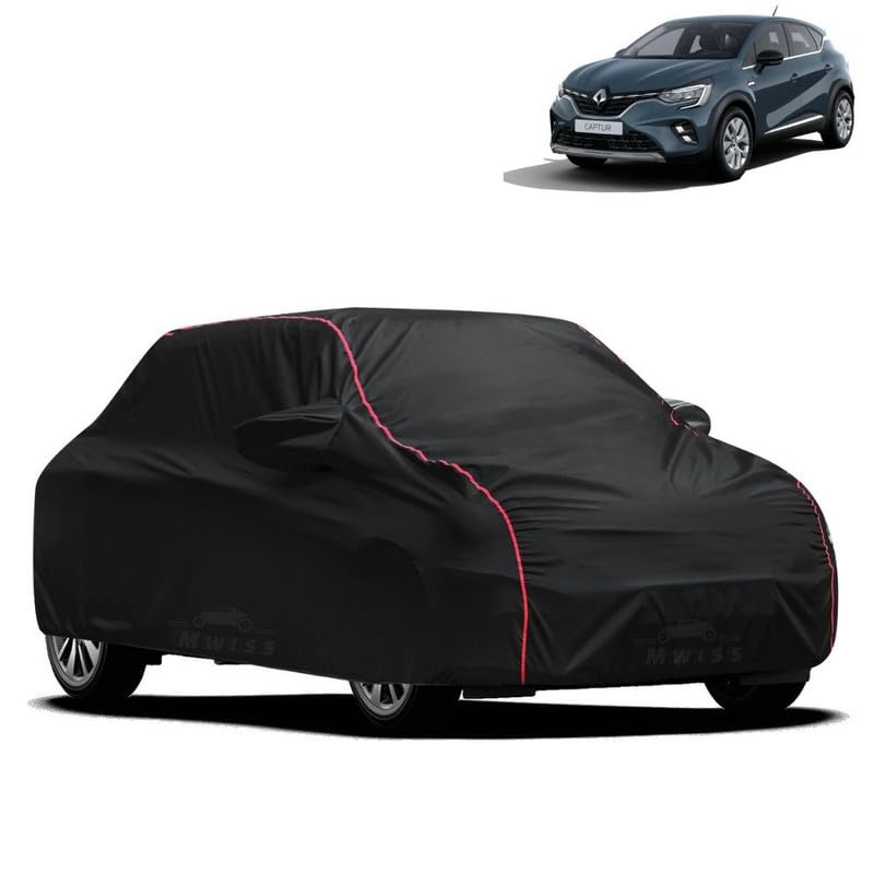 Image of Waterproof Car Cover for Renult Captur | All-Weather Protection, Dustproof & UV Resistant | Triple Stitched Mirror Pockets, Windproof Buckle Strap with Elastic Hem, Black-Red Piping
