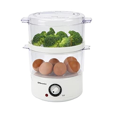 EMtronics 2-Tier Food, Meat & Vegetable Steamer with 60 Minute Timer, 4 litres - White Cover