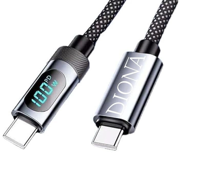 Image of DIONA 100W Type C to Type C Cable with LED Display with 5A Max Output, Fast Data Sync, 1.2M Length, Tangle Resistance Compatible With Mobile,Laptop,Tablets&Macbook,Rapid Data Transmission(Black)