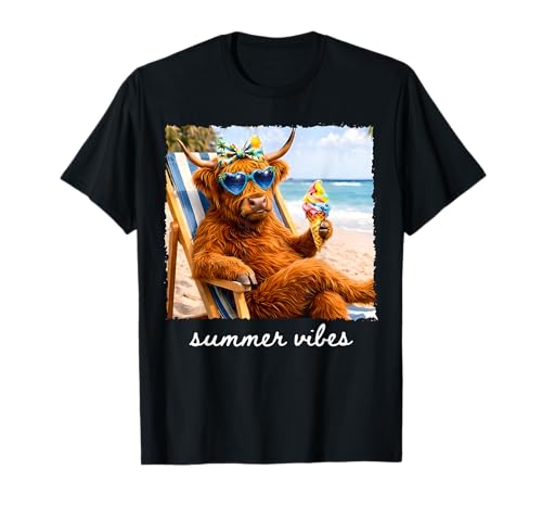 Retro Highland Cow Summer Vibes Beach Trip Vacation T-Shirt
