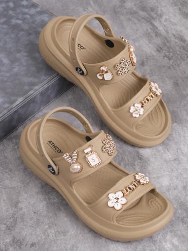 Image of ATHCO Soho Clogs Sandal for Women's|Girls|Dual-Color Soft EVA Cushioned With Massage Footbed|Easy Wear with Adjustable Back Strap|Lightweight Platform Heels|Flexible|Breathable|Extra Soft Comfortable Anti-Skid Casual Mule|All-Season|Summer|Monsoon|Rain|Winter|Waterproof|Casual Slip-On Sandal with Cute Charms & Chunky Design|Indoor & Outdoor Wear|Trendy|Fashionable|Stylish|Shoes