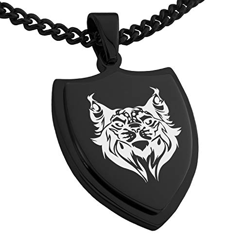 Tioneer Black Stainless Steel Tribal Lynx Shield Pendant Necklace