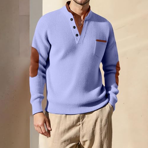 Men's Waffle Sweatshirt Casual Knited Long Sleeve Thermal Stand Collar Pullover Stylish Warm Cozy V Neck Henley Shirts2
