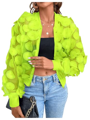 Floerns Women's Sheer Mesh Zip Up Bomber Jacket Long Sleeve Baseball Collar Outwear Tops Green Medium