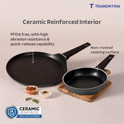Image of TRAMONTINA Chroma Cookware Set of 2 - Fry Pan 20 cm & Dosa Tawa 28 cm | Ceramic Reinforced Cookware | Cold Forged | Bakelite Handle | All Cooktop Compatible | Dishwasher Safe Grey