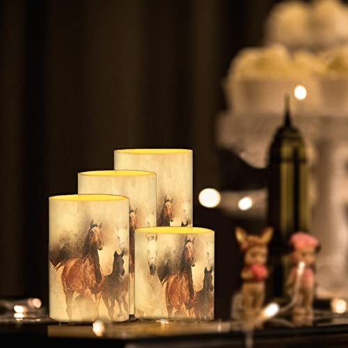 Image of Vintage Running Horse Outdoor Waterproof LED Candles Battery Operated Set of 4 with Timer Remote Colour Changing Pillar Candles for Fall Halloween Decor