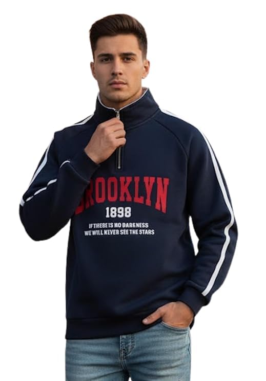 akar Men's Regular Fit Quarter-Zip Sweatshirt, Cotton Blend, Grey with Brooklyn Print, Winter Casual Wear-picture-42