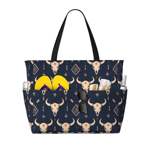 Large Beach Bags for Women Sandproof - Sheep Skull Navy Blue Print Summer Work Travel Tote Bags with Zipper