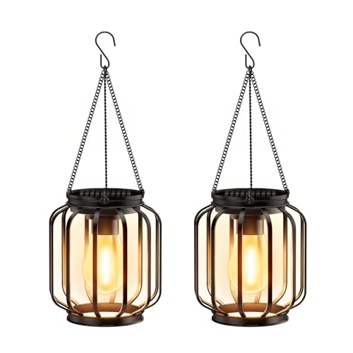BUCASA Solarleuchten für den Außenbereich, 2 Stück, hängende Solar-Gartenlaternen mit Kette und Haken, Metall wasserdichte Soalr Gartenornamente für den Außenbereich für Dekoration Garten Weg Terrasse