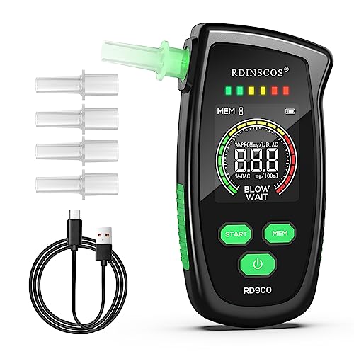 RDINSCOS Etilometro Portatile Professionale Ricaricabile – Alcol Test Digitale con Schermo LCD a Colori, Avviso Vocale, Memoria 15 Test, Allarme 3 Colori e 10 Bocchini PP per Uso Personale e Auto