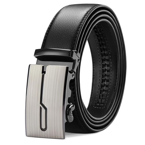 TANGCHAO Cinturón Hombre Cuero, Cinturon con Hebilla Automática Cinturones de Trinquete 35mm de Ancho Tamaño Ajustable para Pantalones Formales Vestir Traje Negro 1 HEI ZD 125CM