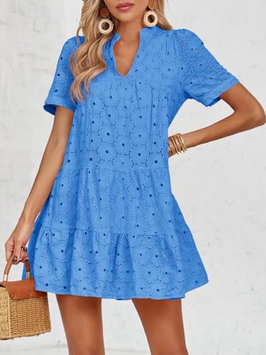 Image of Imily Bela Womens Summer Lace Dresses Eyelet Casual Flowy Babydoll Swing Short Sleeve V Neck Tunic Dress