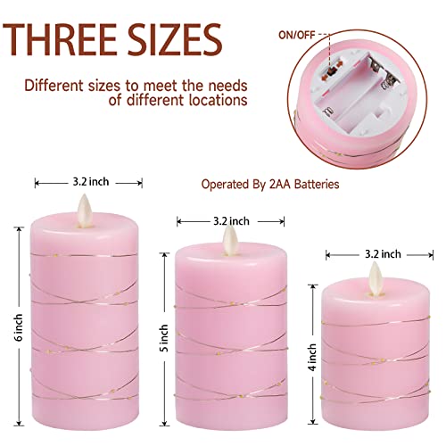 Fanzir Pink Flameless Candles with String Lights Battery Operated Flickering LED Pillar Candles