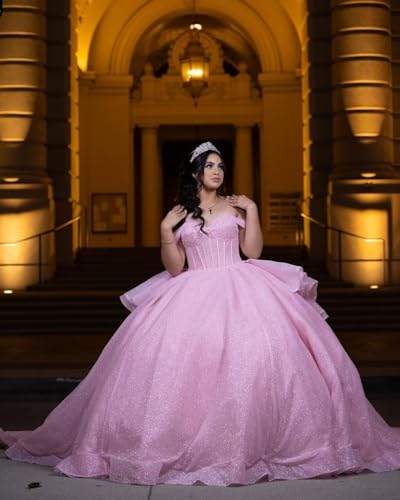 Sparkly Beaded Quinceanera Dresses with Train Puffy Tulle Sweet 16 Dresses Princess Off Shoulder Quince Dresses