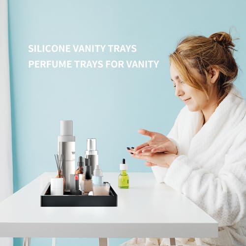 Image of BBK Bathroom Vanity Tray- 2 Pack (7.8 inch and 11.8 inch) Silicone Bathroom Tray for Counter, for Perfume Key Trinket Ring Soap Organization - Black