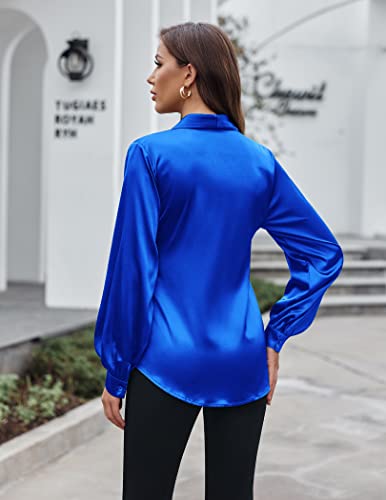 Acevog Satin Blouse For Women Casual Shirt Tie Waist Wrap Open Front Ruffle Cardigan Business Work Tops 2X Large Royal Blue #TOP3