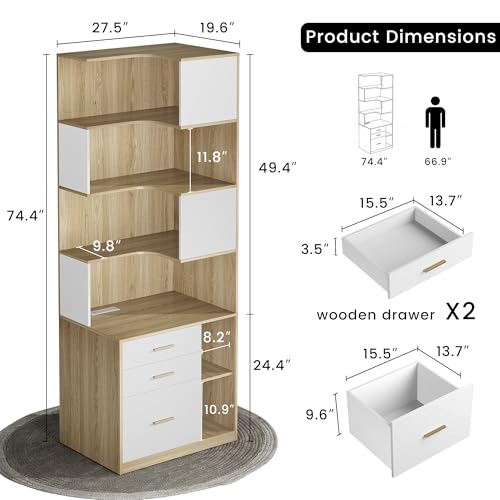 Image of ModernMate 74.4 inch Corner Bookshelf with 3 Drawers and Storage, Power Outlet