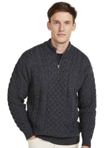 Aran Woollen Mills Merinowolle Irischer Aran Pullover mit Reißverschluss für Herren (Holzkohle, XL)