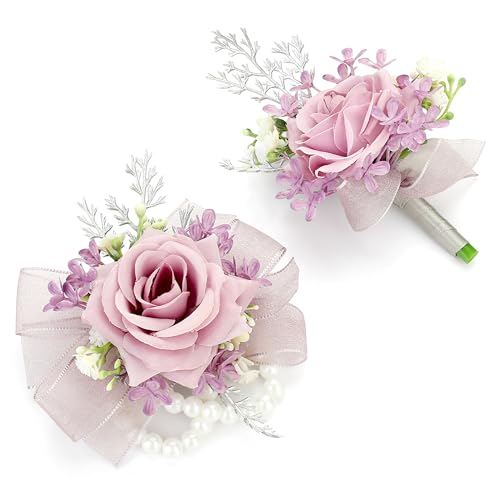 AWARDSEN 2pcs Purple Silk Artificial Flower Corsage Set for Prom, Wedding, & Formal Events